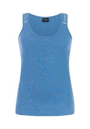 Top da donna senza maniche blu con scollo a U e dettagli decorativi in crochet sulle spalle, taglia S36.
