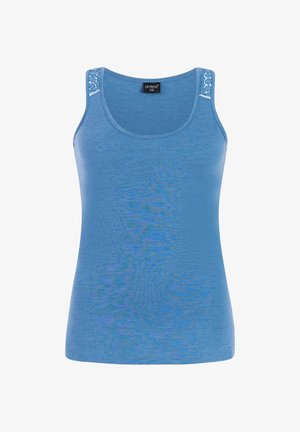 Plava ženska majica bez rukava s okruglim izrezom i ukrasnim kukičanim detaljima na ramenima, veličina S36.