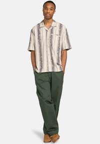 Short-sleeve, collared shirt in cream with gray abstract stripes; paired with green trousers and brown slip-on shoes.