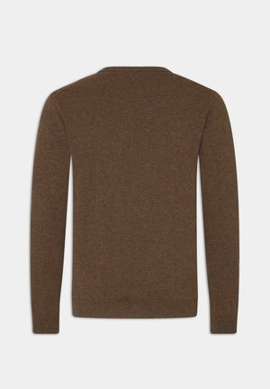 Brun, rundhalsad tröja gjord av mjukt stickat tyg. Har långa ärmar och en slät yta, med ribbade ärmslut och nederkant.