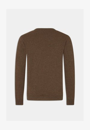 Bruine trui met ronde hals, gemaakt van zacht gebreid materiaal. Beschikt over lange mouwen en een gladde textuur, met ribgebreide manchetten en zoom.