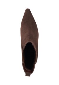 Brown suede ankle boot with a pointed toe, featuring a smooth texture and a pull tab at the back for easy wear.