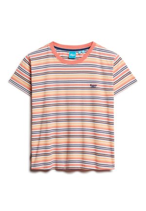 Koszulka w paski w kolorach brzoskwiniowym, kremowym i granatowym, wykonana z miękkiego materiału. Posiada okrągły dekolt i krótkie rękawy, z małym logo po lewej stronie na klatce piersiowej.