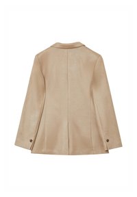 Giacca lunghe maniche in suede beige vista da dietro, con colletto e dettagli con bottone su ogni polso.