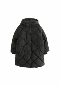 Jachetă puf combinată neagră cu glugă, cu un model cu diamante, nasturi frontali și buzunare laterale. Material moale, izolat.