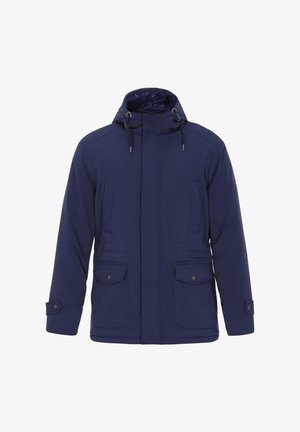 Marineblauwe geïsoleerde jas met capuchon, rits aan de voorkant, twee zijzakken en drukknoopmanchetten. Soepele textuur met verstelbare trekkoorden bij de hals.