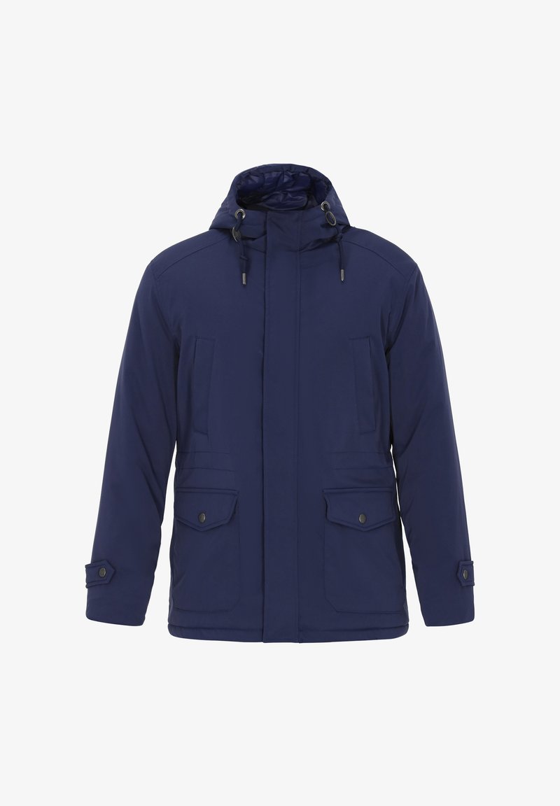 Tengeréskék, kapucnis szigetelt dzseki, elöl cipzárral, két elülső zsebbel és patentos mandzsettával. Simás textúra, állítható zsinórral a nyaknál.