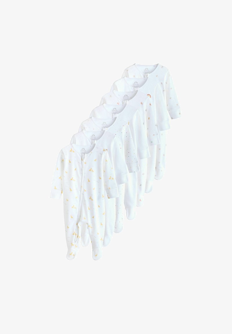 Set van witte baby rompertjes met verschillende patronen, waaronder gele giraffen en veelkleurige stippen, met lange mouwen en ritssluitingen.
