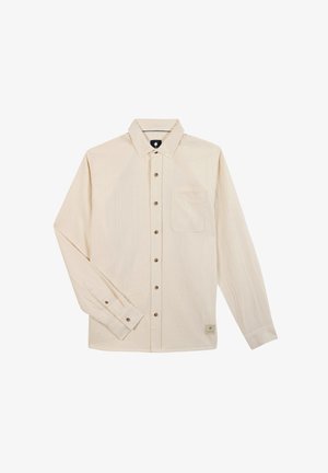 Lange mouwen, lichtbeige shirt van een textuurstof, met knopen aan de voorkant, een standaardkraag, één borstzak en een logo-label aan de zoom.