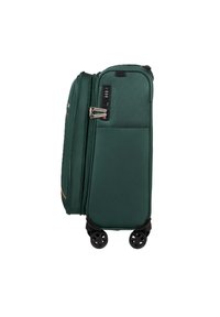 Valigia da viaggio verde con superficie texturizzata, multiple ruote, una combinazione di lucchetto e tasca laterale con cerniera. Design compatto e aerodinamico.