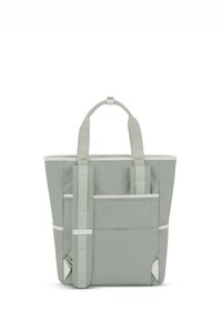 Bolsa tote verde claro con un diseño estructurado, que cuenta con dos asas superiores, correas ajustables y un borde blanco como acento. Incluye un bolsillo frontal vertical.