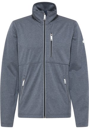 Graue Zip-Jacke mit hohem Kragen, ausgestattet mit zwei Seitentaschen und einer Brusttasche, hergestellt aus einem glatten, strukturierten Stoff mit kontrastierenden Reißverschlüssen.