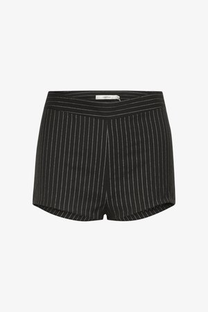 Fekete csíkos rövidnadrág lapos derékkal és enyhén bővülő szabással, sima anyagból készült. Fehér csíkokkal és tiszta varrási részletekkel.