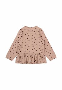 Langärmliges Oberteil aus weichem rosa Stoff mit dunklen Polka-Dots, mit einem gerafften Peplum-Saum und einem runden Ausschnitt.