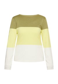 Maglietta a maniche lunghe con strisce orizzontali in verde oliva, giallo chiaro e bianco. Realizzata in un materiale morbido e testurizzato con scollatura a girocollo.