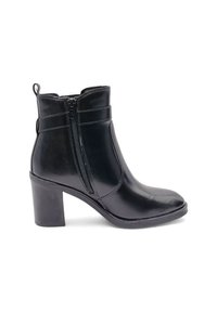 Stivale alla caviglia in pelle nera con punta tonda, cerniera laterale visibile e tacco spesso. Texture liscia con accenti di design minimi.