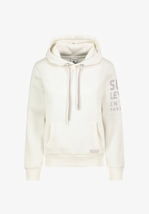 Witte hoodie met verstelbare aantrekkoorden, voorkzak, geribbelde boorden en tekstprint op de mouw. Zacht, glad stoftextuur.