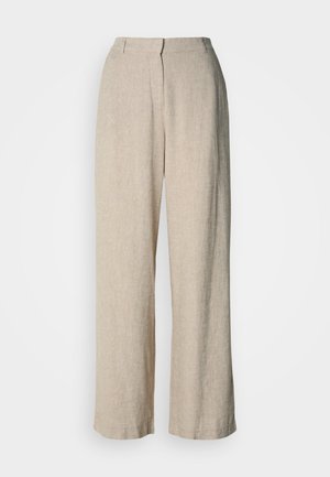 Light beige wide-leg trousers made from a textured fabric. Features a high waist, front pleats, and straight hems.