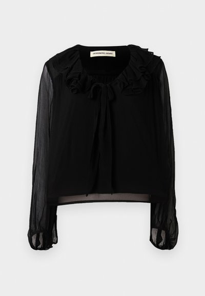 Zwarte blouse met lange mouwen, een geraffineerde halslijn en strikdetail. Gemaakt van doorzichtig materiaal met een aansluitend lijfje en geraffineerde mouwen.