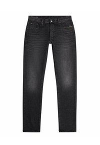 Pantalones vaqueros de mezclilla negra con corte recto, que presentan un diseño clásico de cinco bolsillos, un sutil desgaste y una etiqueta de marca en contraste en la cintura.