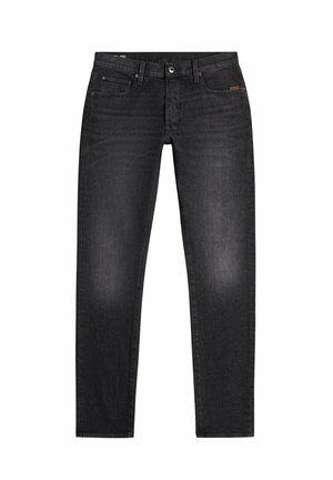 Jeans in denim nero con taglio dritto, dotati di un classico design a cinque tasche, sfumature discrete e un'etichetta del marchio a contrasto sulla cintura.