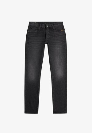 Jeans in denim nero con taglio dritto, dotati di un classico design a cinque tasche, sfumature discrete e un'etichetta del marchio a contrasto sulla cintura.