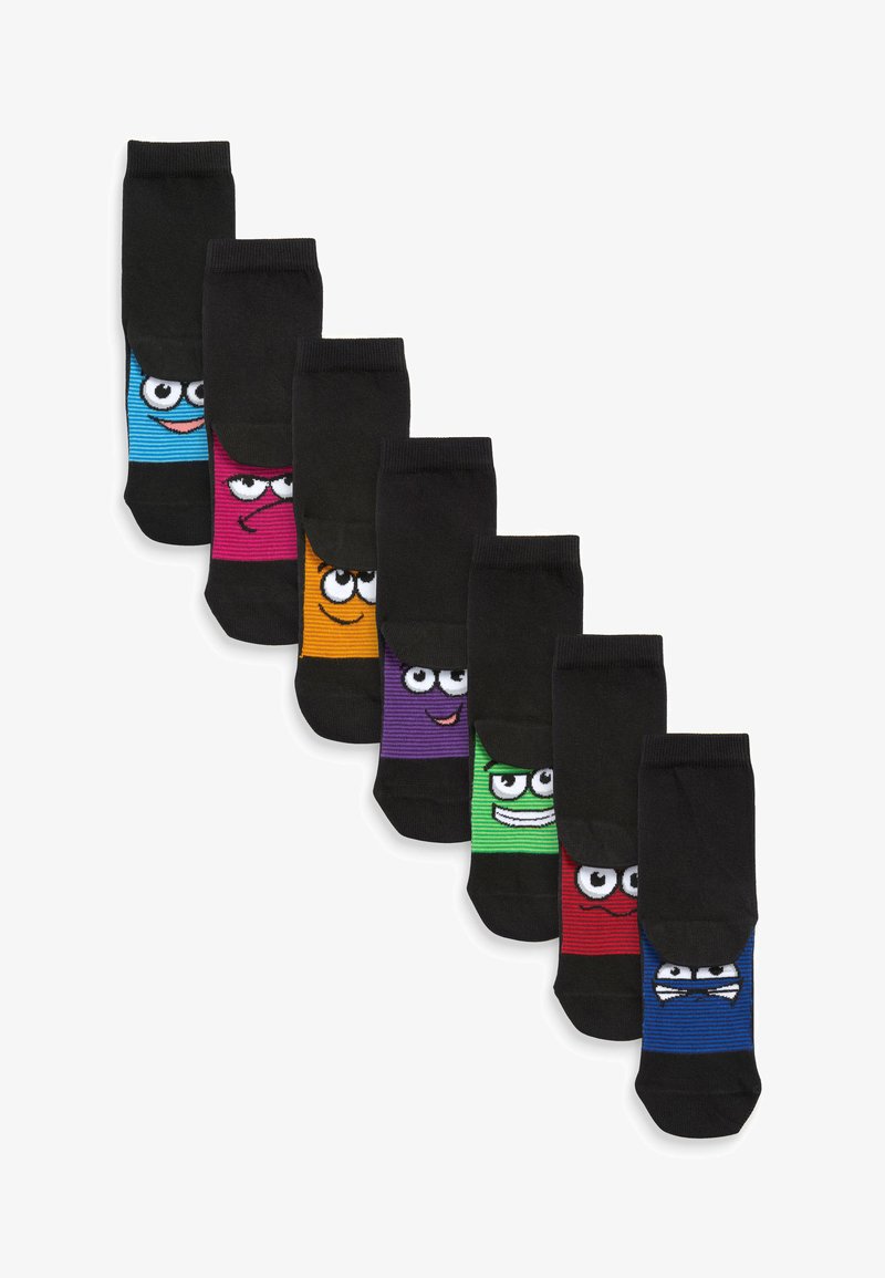 Schwarze Baumwollsocken mit bunten quadratischen Gesichtern in Blau, Pink, Orange, Lila, Grün, Rot und Blau mit weißen Augen und unterschiedlichen Ausdrücken.