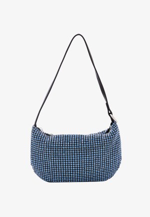 Schwarze und blaue Handtasche in runder Form, mit strukturiertem Oberflächenmaterial, das mit kleinen, funkelnden Pailletten verziert ist, und einem einzelnen schwarzen Tragegurt.