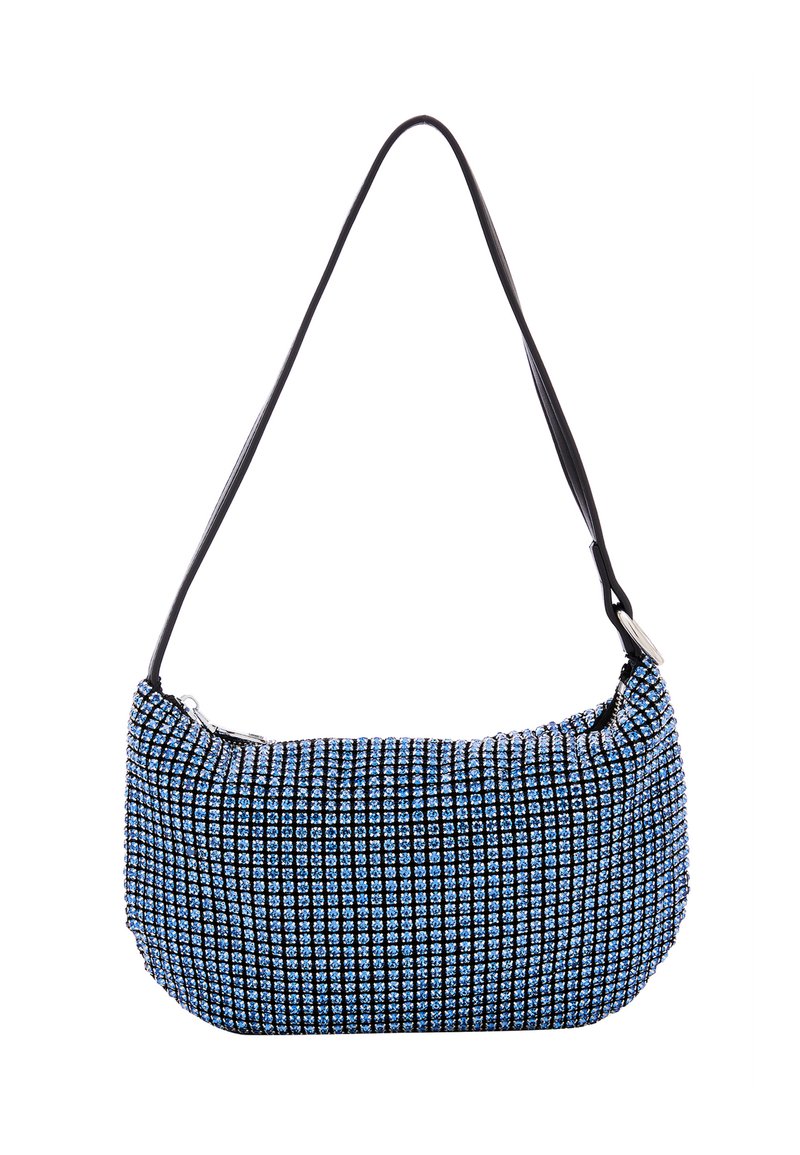 Sort og blå håndtaske med rund form, tekstureret overflade prydet med små, glitrende paletter og en enkelt sort bærestrop.