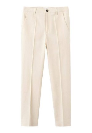 Pantalon beige sur mesure en tissu lisse, avec deux poches avant et une fermeture à un bouton. Coupe droite, sans motifs.