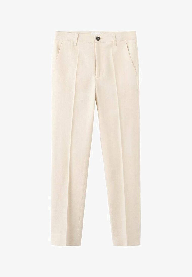 Pantaloni beige su misura in tessuto liscio, con due tasche frontali e chiusura con un unico bottone. Design a gamba dritta, senza motivi.