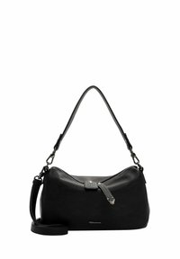 Black leather handbag with a curved shape, zip closure, detachable strap, and decorative hardware accents. Smooth texture with subtle branding.
