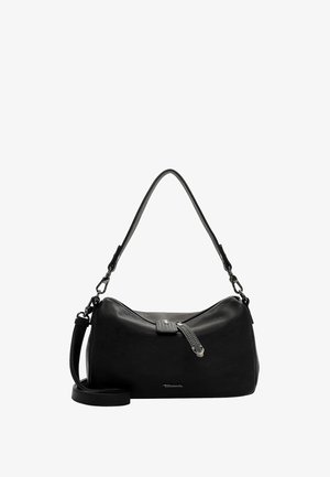 Černá kožená kabelka s křivkovým tvarem, zipovým uzávěrem, odnímatelným popruhem a dekorativními kovovými detaily. Hladký povrch s jemným brandingem.