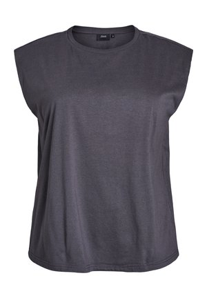 Dunkelgraues Baumwoll-T-Shirt mit lockerer Passform, rundem Ausschnitt und kurzen Ärmeln in Kapform; glatte Textur, keine sichtbaren Muster oder Akzente.