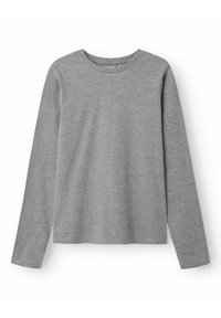 Langärmliges graues T-Shirt aus weicher Baumwolle. Verfügt über einen runden Halsausschnitt, einen lockeren Schnitt und genähte Säume ohne sichtbare Muster oder Beschläge.