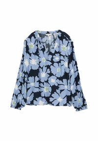 Lange mouwen blouse in lichtblauw met marineblauw bloemenpatroon, met een V-hals, gathered mouwen en een relaxte pasvorm. Gemaakt van lichte stof.