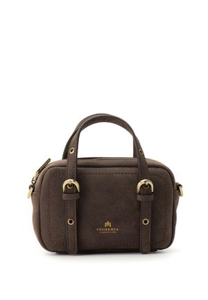 Petit sac à main rectangulaire en cuir marron foncé avec deux poignées, boucles dorées, fermeture éclair et logo Cuoieria Fiorentina doré à l'avant.