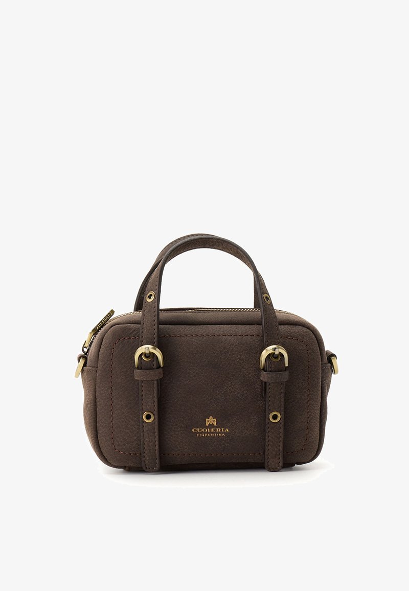 Petit sac à main rectangulaire en cuir marron foncé avec deux poignées, boucles dorées, fermeture éclair et logo Cuoieria Fiorentina doré à l'avant.