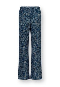 Graue weit geschnittene Hosen mit floralem Muster in Marineblau, ausgestattet mit einem elastischen Bund, der verschiedene Blumenmuster in sanften Pastellfarben zeigt.