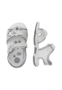 Sandales blanches avec des accents gris, sangles Velcro ajustables, embellissement floral et semelle texturée pour une meilleure adhérence.