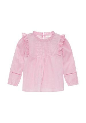 Pink bluse med lange ærmer med flæset blondekant på skuldrene, plissé detaljer foran og elastiske ærmekanter med dekorative udskæringer.