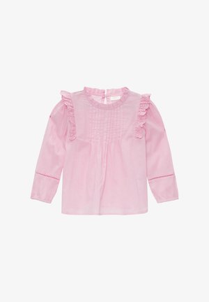 Pink bluse med lange ærmer med flæset blondekant på skuldrene, plissé detaljer foran og elastiske ærmekanter med dekorative udskæringer.