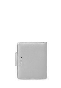 Silver leather wallet with a textured finish, featuring a rectangular shape, snap closure, and embossed branding on the front.
