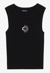 Top in cotone nero a costine con motivo centrale di sole e luna in filo bianco. Collo rotondo classico e design senza maniche.
