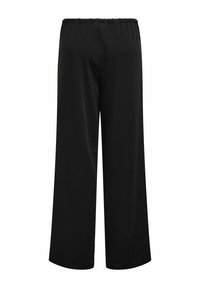 Pantalon large noir fabriqué en tissu léger ; doté d'une taille élastique et d'une texture lisse sans motifs ni éléments en métal visibles.