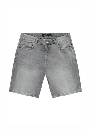 Grijze denim shorts met een klassieke snit, vijf zakken en een knoopsluiting aan de voorkant. Heeft een lichte vervaging en subtiele stikdetails.