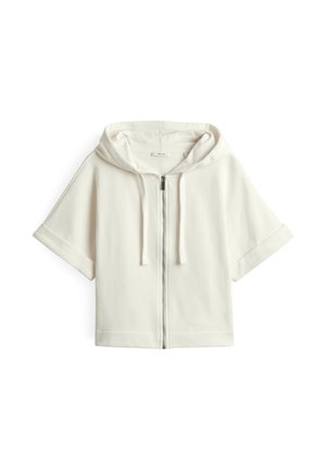 Felpa bianca a maniche corte con cappuccio, zip frontale e coulisse, mostrata distesa su sfondo bianco.