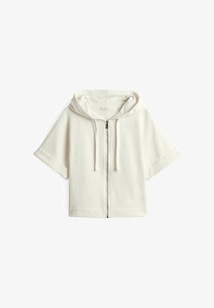 Witte korte mouw hoodie met rits aan de voorkant en koordjes, plat weergegeven op een witte achtergrond.