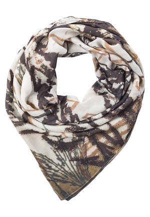 Écharpe légère avec motifs abstraits de feuilles et de branches dans des tons de brun, gris et beige, pliée en boucle lâche.