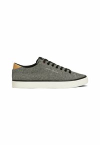 Gray textile sneaker with black laces, white rubber sole, and tan leather accent at the heel. Features logo on the side and smooth texture.